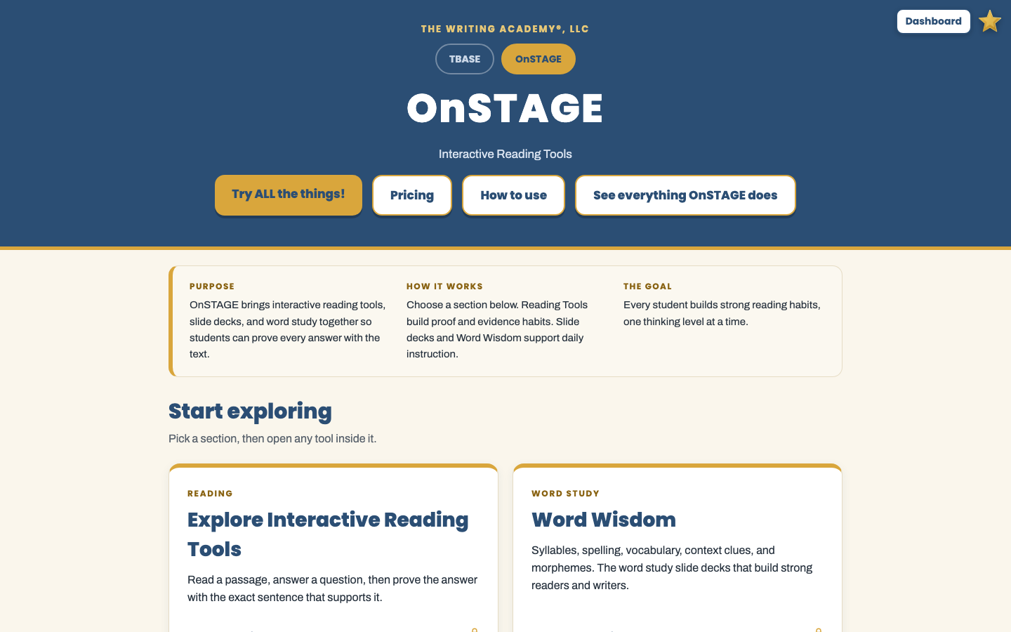 OnSTAGE interactive reading tools screen