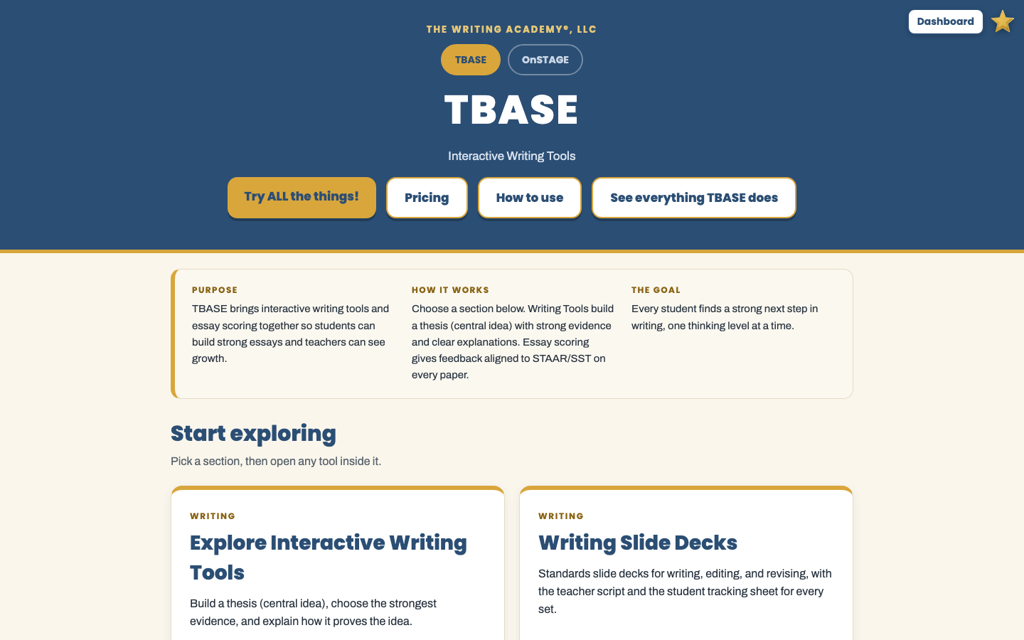 TBASE interactive writing tools screen