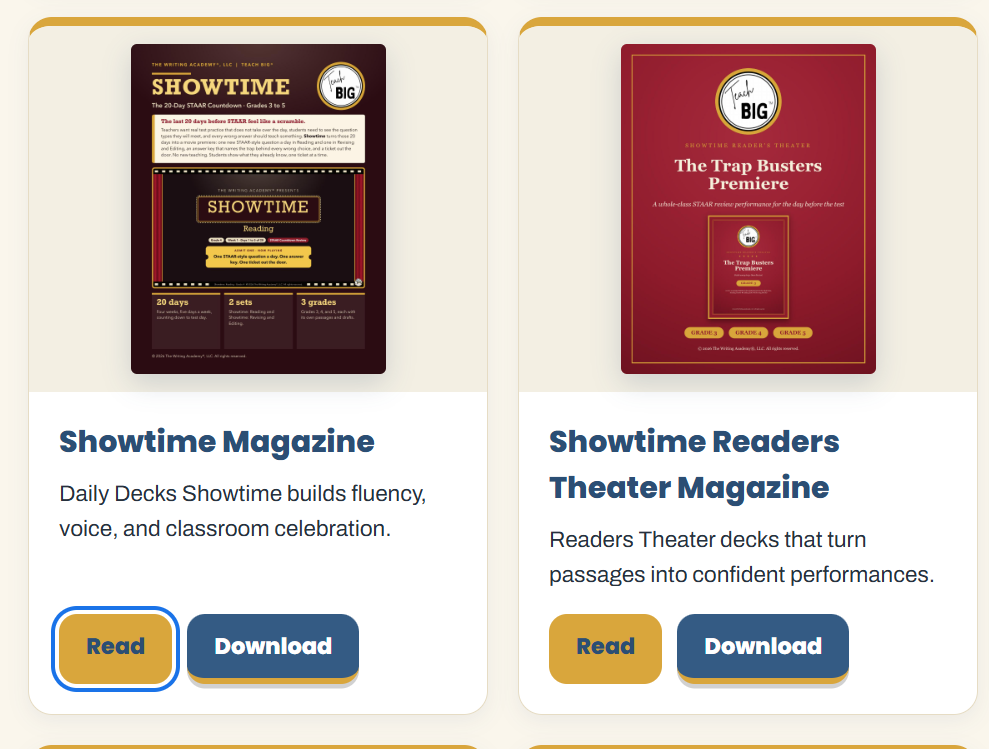 SHOWTIME magazine for the last 20 days before STAAR, and The Trap Busters Premiere for grades 2, 3, and 4.