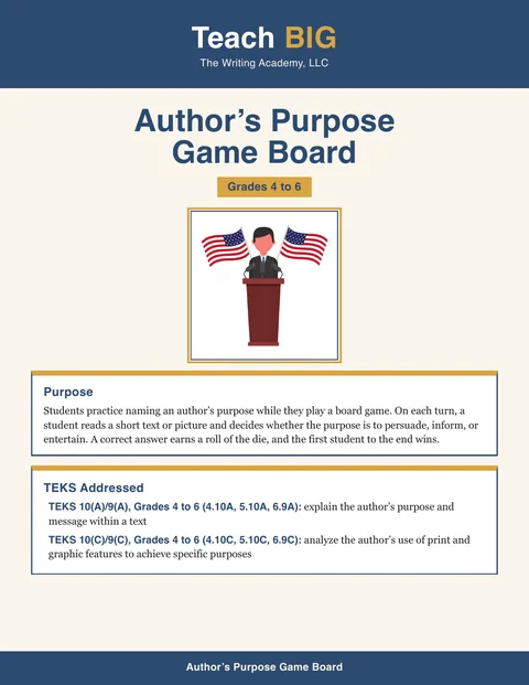Blurred preview of inside pages from Author's Purpose Game Board. Select to enlarge.